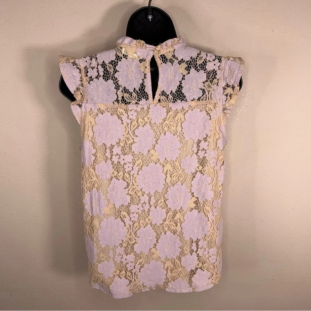 Juniors Medium Monteau Peachy Pink Lavender Floral Lace Blouse Ruffle Lined